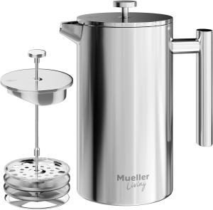 MuellerLiving French Press Coffee Maker, 34 oz, Stainless Steel, 4 Filters, Double Insulated, Rust-Free, Dishwasher Safe