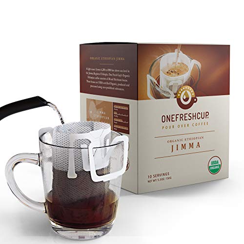 One Fresh Cup — Single Serve Pour Over Drip Coffee — Organic Jimma Ethiopian Single Origin Light Roast 10-pack — Individual disposable packet with filter & grounds great for camping backpacking travel