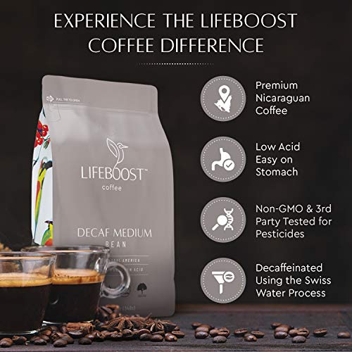Lifeboost Medium Swiss Water Decaf Coffee Beans - Low Acid Organic - Whole Bean - 12 oz