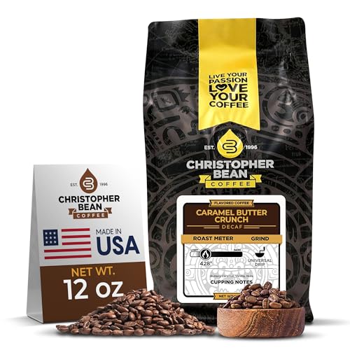 Christopher Bean Coffee- Caramel Butter Crunch Flavored Coffee, Decaf Coffee, 100% Arabica, Coffee Ground Medium Roast, No Sugar, No Fats, Made with Non-GMO Flavorings, 12-Ounce Bag Ground Coffee Bean