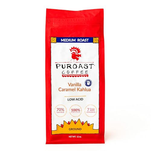 Puroast Low Acid Coffee Ground Vanilla Caramel Kahlua, Medium Roast, Certified Low Acid Coffee, pH 5.5+, Gut Health, 12 oz., Higher Antioxidant, Smooth for Espresso, Iced Coffee, Flavored Coffee