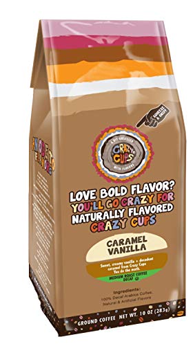 Crazy Cups Decaf Flavored Ground Coffee, Caramel Vanilla, in 10 oz Bag, For Brewing Flavored Hot or Iced Decaf Coffee