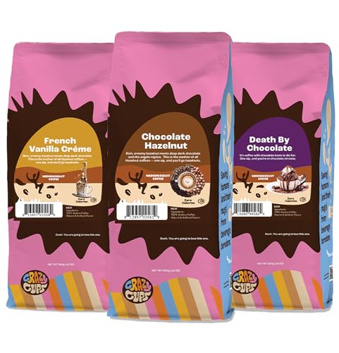 Crazy Cups Flavored Ground Coffee Variety Pack, Includes Chocolate Hazelnut, French Vanilla Creme & Death By Chocolate, in 10 oz Bags, Variety 3 Pack