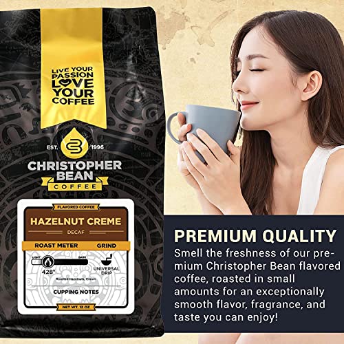 Christopher Bean Coffee - Hazelnut Crème Flavored Coffee, (Decaf Ground) 100% Arabica, No Sugar, No Fats, Made with Non-GMO Flavorings, 12-Ounce Bag of Decaf Ground coffee