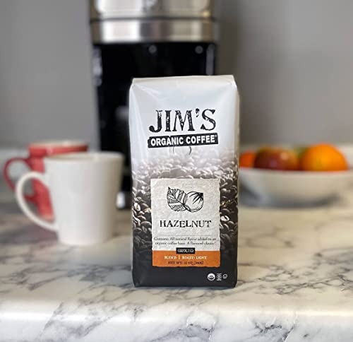 Jim’s Organic Coffee – Hazelnut, All Natural Flavored Blend – Light Roast, Ground Coffee, 12 oz Bag