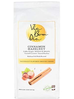 Via Bom Dia 100% Naturally Flavored Ground Coffee, Cinnamon Hazelnut, Medium Roast, No Artificial Flavors, 12 oz. Bag Great Stocking Stuffer for Coffee Lover