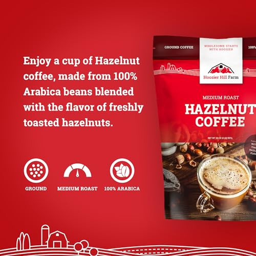 Hoosier Hill Farm Hazelnut Flavored Ground Coffee, Medium Roast, 32oz (2LB), Resealable Bag