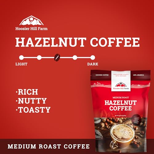 Hoosier Hill Farm Hazelnut Flavored Ground Coffee, Medium Roast, 32oz (2LB), Resealable Bag
