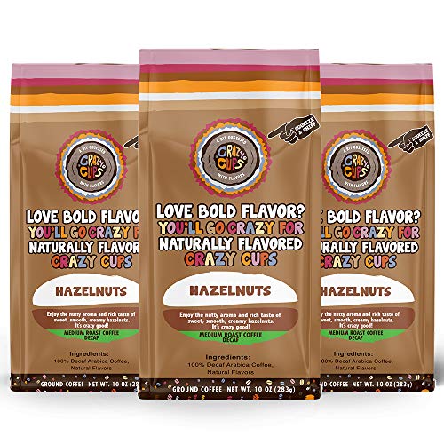 Crazy Cups Flavored Decaf Ground coffee, Hazelnut Coffee Flavored Ground Coffee, Decaffeinated Coffee For Brewing Decaf Coffee Ground Hot or Iced Coffee, 10 oz Bags 3 Count Value Pack