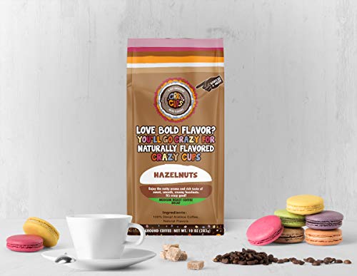 Crazy Cups Flavored Decaf Ground coffee, Hazelnut Coffee Flavored Ground Coffee, Decaffeinated Coffee For Brewing Decaf Coffee Ground Hot or Iced Coffee, 10 oz Bags 3 Count Value Pack