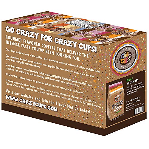 Crazy Cups Flavored Decaf Ground coffee, Hazelnut Coffee Flavored Ground Coffee, Decaffeinated Coffee For Brewing Decaf Coffee Ground Hot or Iced Coffee, 10 oz Bags 3 Count Value Pack