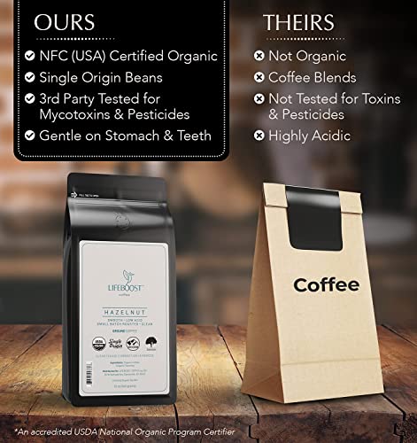 Lifeboost Coffee Hazelnut Ground Coffee - Low Acid Single Origin USDA Organic Coffee - Non-GMO Ground Coffee Beans Third Party Tested For Mycotoxins & Pesticides - 12 Ounces