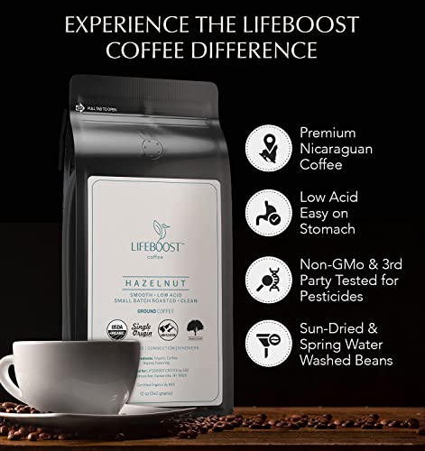 Lifeboost Coffee Hazelnut Ground Coffee - Low Acid Single Origin USDA Organic Coffee - Non-GMO Ground Coffee Beans Third Party Tested For Mycotoxins & Pesticides - 12 Ounces