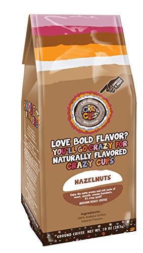 Crazy Cups Flavored Ground Coffee, Hazelnuts, Medium Roast Coffee, For Brewing Flavored Hot or Iced Coffee, 10 oz Bag