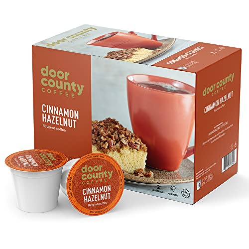 Door County Coffee - Cinnamon Hazelnut, Cinnamon Hazelnut Flavored Ground Coffee - Medium Roast, Single Serve Cups - 10 Count