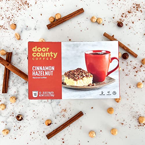 Door County Coffee - Cinnamon Hazelnut, Cinnamon Hazelnut Flavored Ground Coffee - Medium Roast, Single Serve Cups - 10 Count