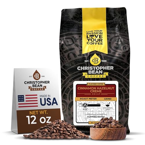 Christopher Bean Coffee - Cinnamon Hazelnut Crème Flavored Coffee, (Decaf Ground) 100% Arabica, No Sugar, No Fats, Made with Non-GMO Flavorings, 12-Ounce Bag of Decaf Ground coffee
