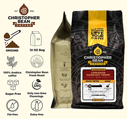 Christopher Bean Coffee - Cinnamon Hazelnut Crème Flavored Coffee, (Decaf Ground) 100% Arabica, No Sugar, No Fats, Made with Non-GMO Flavorings, 12-Ounce Bag of Decaf Ground coffee
