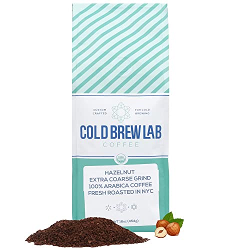 Cold Brew Organic Coarse Ground Flavored Coffee, Hazelnut Flavor, Dark Roast, Colombian Supremo, Coarse Grind for Cold Brew & French Press,1 LB