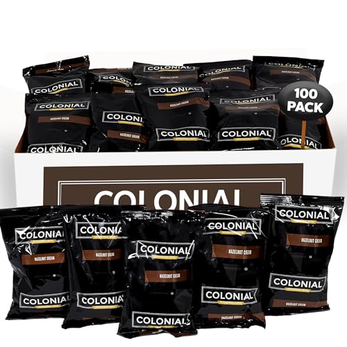 Colonial Coffee Packets, Pre Ground Coffee Packs, Hazelnut Cream Flavored Coffee, Medium Roast, Bulk Single Pot Bags for Drip Coffee Makers, (2.5 oz Bags, Pack of 100)