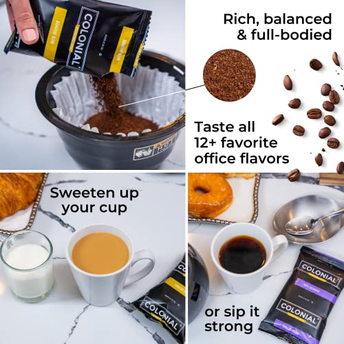 Colonial Coffee Packets, Pre Ground Coffee Packs, Hazelnut Cream Flavored Coffee, Medium Roast, Bulk Single Pot Bags for Drip Coffee Makers, (2.5 oz Bags, Pack of 100)