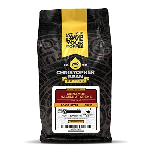 Christopher Bean Coffee - Cinnamon Hazelnut Crème Flavored Coffee, (Regular Ground) 100% Arabica, No Sugar, No Fats, Made with Non-GMO Flavorings, 12-Ounce Bag of Regular Ground coffee