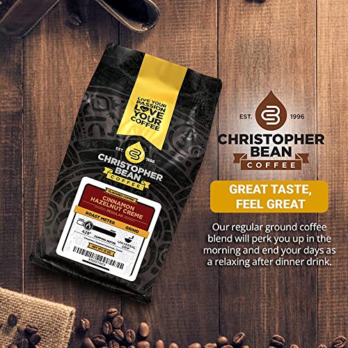 Christopher Bean Coffee - Cinnamon Hazelnut Crème Flavored Coffee, (Regular Ground) 100% Arabica, No Sugar, No Fats, Made with Non-GMO Flavorings, 12-Ounce Bag of Regular Ground coffee