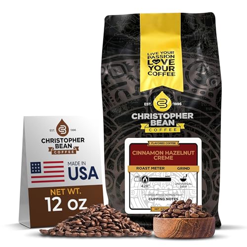 Christopher Bean Coffee - Cinnamon Hazelnut Crème Flavored Coffee, (Regular Whole Bean) 100% Arabica, No Sugar, No Fats, Made with Non-GMO Flavorings, 12-Ounce Bag of Regular Whole Bean coffee