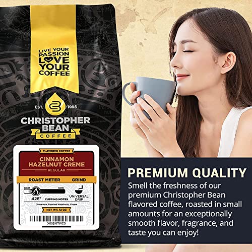 Christopher Bean Coffee - Cinnamon Hazelnut Crème Flavored Coffee, (Regular Ground) 100% Arabica, No Sugar, No Fats, Made with Non-GMO Flavorings, 12-Ounce Bag of Regular Ground coffee