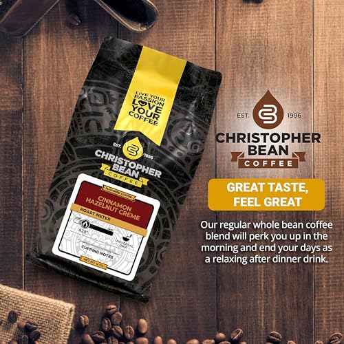 Christopher Bean Coffee - Cinnamon Hazelnut Crème Flavored Coffee, (Regular Whole Bean) 100% Arabica, No Sugar, No Fats, Made with Non-GMO Flavorings, 12-Ounce Bag of Regular Whole Bean coffee