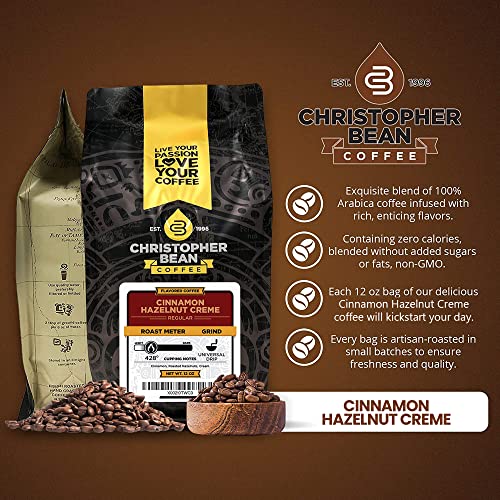 Christopher Bean Coffee - Cinnamon Hazelnut Crème Flavored Coffee, (Regular Ground) 100% Arabica, No Sugar, No Fats, Made with Non-GMO Flavorings, 12-Ounce Bag of Regular Ground coffee