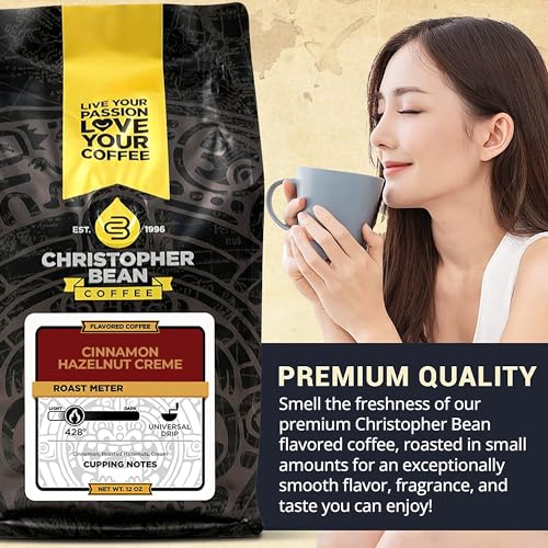 Christopher Bean Coffee - Cinnamon Hazelnut Crème Flavored Coffee, (Regular Whole Bean) 100% Arabica, No Sugar, No Fats, Made with Non-GMO Flavorings, 12-Ounce Bag of Regular Whole Bean coffee