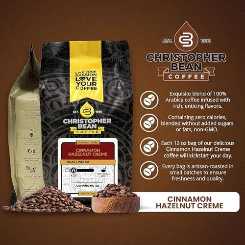 Christopher Bean Coffee - Cinnamon Hazelnut Crème Flavored Coffee, (Regular Whole Bean) 100% Arabica, No Sugar, No Fats, Made with Non-GMO Flavorings, 12-Ounce Bag of Regular Whole Bean coffee