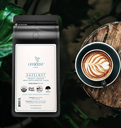 Lifeboost Coffee Whole Bean Hazelnut Coffee - Low Acid Single Origin Non-GMO Organic Coffee Beans - Third Party Tested For Mycotoxins & Pesticides - 12 Ounces