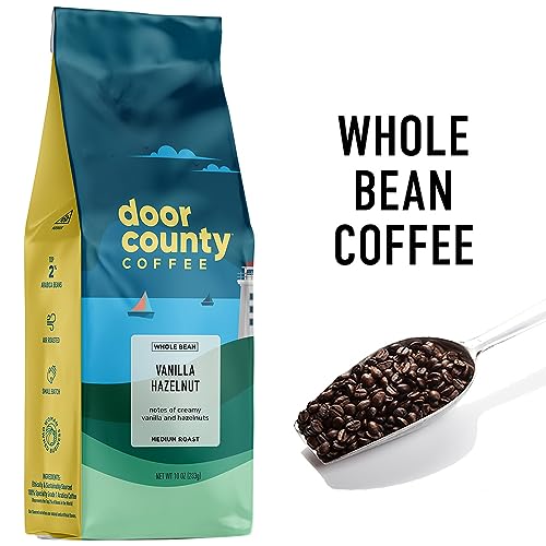 Door County Coffee - Vanilla Hazelnut, Flavored Whole Bean Coffee - Medium Roast, 10 oz Bag