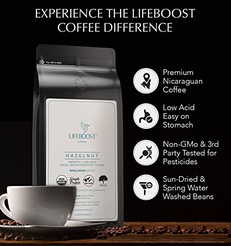 Lifeboost Coffee Whole Bean Hazelnut Coffee - Low Acid Single Origin Non-GMO Organic Coffee Beans - Third Party Tested For Mycotoxins & Pesticides - 12 Ounces