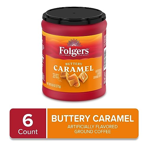 Folgers Buttery Caramel Flavored Ground Coffee, 9.6 Ounce Canister (Pack of 6)