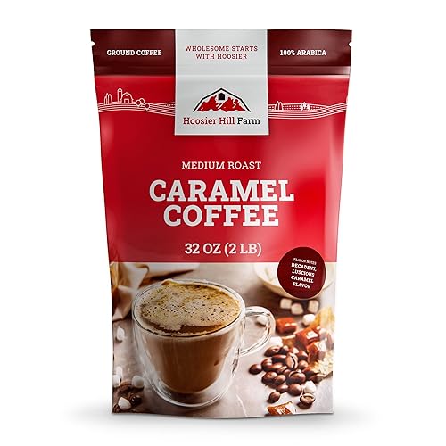 Hoosier Hill Farm Caramel Flavored Ground Coffee, Medium Roast, 32oz (2LB), Resealable Bag