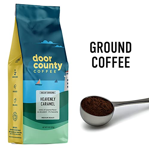 Door County Coffee Heavenly Caramel Decaf Flavored Coffee Ground | 10 oz Bag | Flavored Ground Coffee Medium Roast | 100% Specialty Arabica Coffee Ground | Flavored Gourmet Coffee | Heavenly Caramel Decaf Coffee