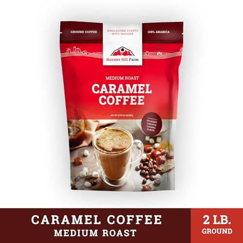 Hoosier Hill Farm Caramel Flavored Ground Coffee, Medium Roast, 32oz (2LB), Resealable Bag
