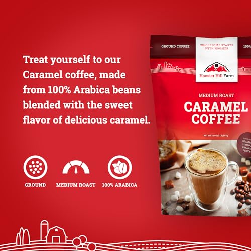 Hoosier Hill Farm Caramel Flavored Ground Coffee, Medium Roast, 32oz (2LB), Resealable Bag