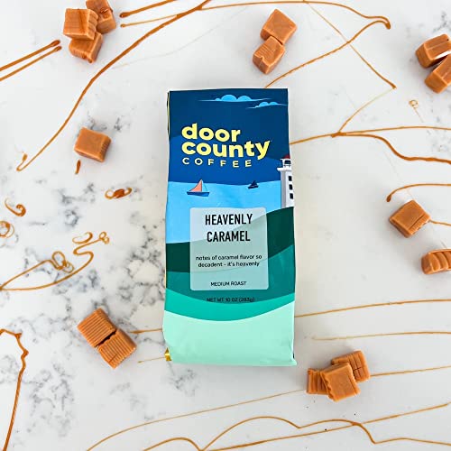 Door County Coffee Heavenly Caramel Decaf Flavored Coffee Ground | 10 oz Bag | Flavored Ground Coffee Medium Roast | 100% Specialty Arabica Coffee Ground | Flavored Gourmet Coffee | Heavenly Caramel Decaf Coffee