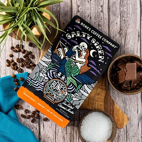 Bones Coffee Company Salty Siren Ground Coffee Beans Caramel Chocolate Flavor | 12 oz Flavored Coffee Gifts Low Acid Medium Roast Gourmet Coffee Beverages (Ground)