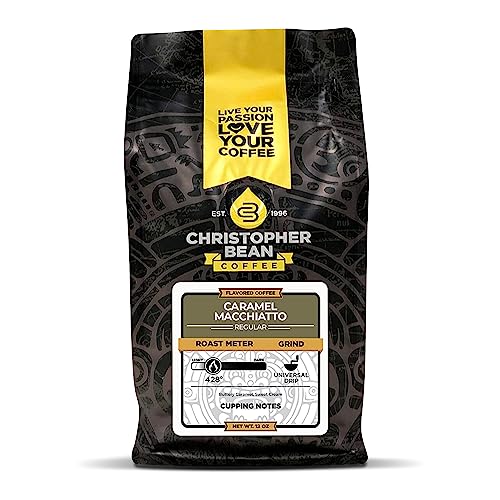 Christopher Bean Coffee - Caramel Macchiato Flavored Coffee, (Regular Ground) 100% Arabica, No Sugar, No Fats, Made with Non-GMO Flavorings, 12-Ounce Bag of Regular Ground coffee