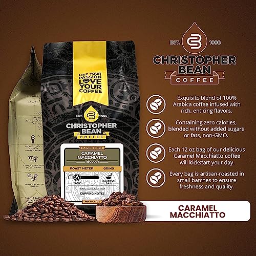 Christopher Bean Coffee - Caramel Macchiato Flavored Coffee, (Regular Ground) 100% Arabica, No Sugar, No Fats, Made with Non-GMO Flavorings, 12-Ounce Bag of Regular Ground coffee
