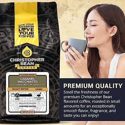 Christopher Bean Coffee - Caramel Macchiato Flavored Coffee, (Regular Ground) 100% Arabica, No Sugar, No Fats, Made with Non-GMO Flavorings, 12-Ounce Bag of Regular Ground coffee