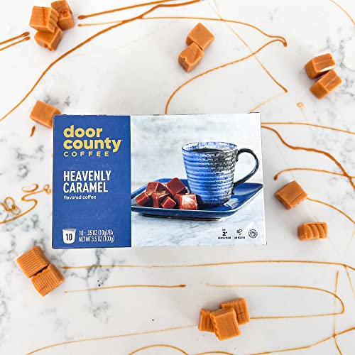 Door County Coffee - Heavenly Caramel, Sweet & Buttery Caramel Flavored Ground Coffee - Medium Roast, Single Serve Cups – 10 Count