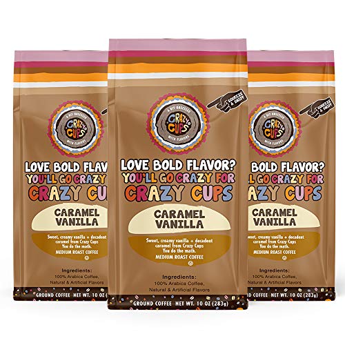Crazy Cups Flavored Ground Coffee, Caramel Vanilla, in 10 oz Bags, For Brewing Flavored Hot or Iced Coffee, 3 Pack