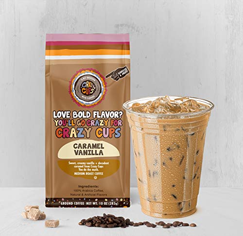 Crazy Cups Flavored Ground Coffee, Caramel Vanilla, in 10 oz Bags, For Brewing Flavored Hot or Iced Coffee, 3 Pack