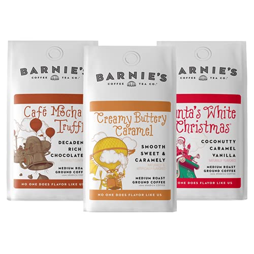Barnie's Premium Flavor Coffee Trio with Santa's White Christmas, Creamy Buttery Caramel and Café Mocha Truffle, Medium Roasted Arabica Beans, 12 oz Bag (Pack of 3)